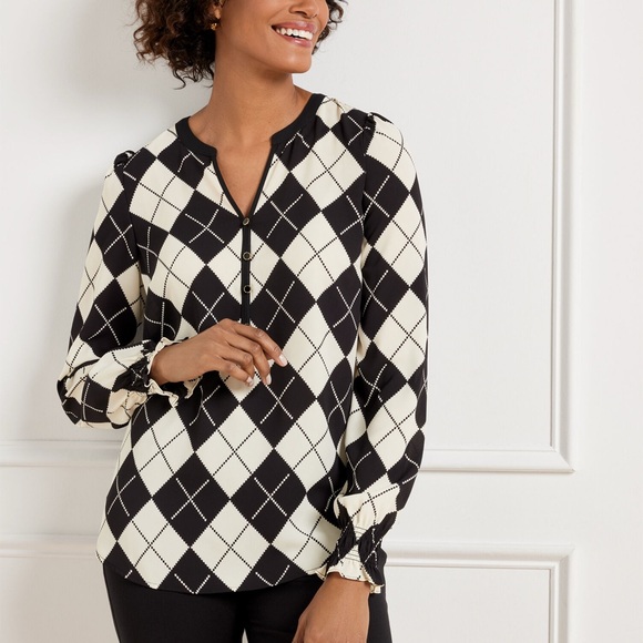 Talbots Tops - Talbots Black and White Argyle smocked Cuff Women's Blouse Top size Large